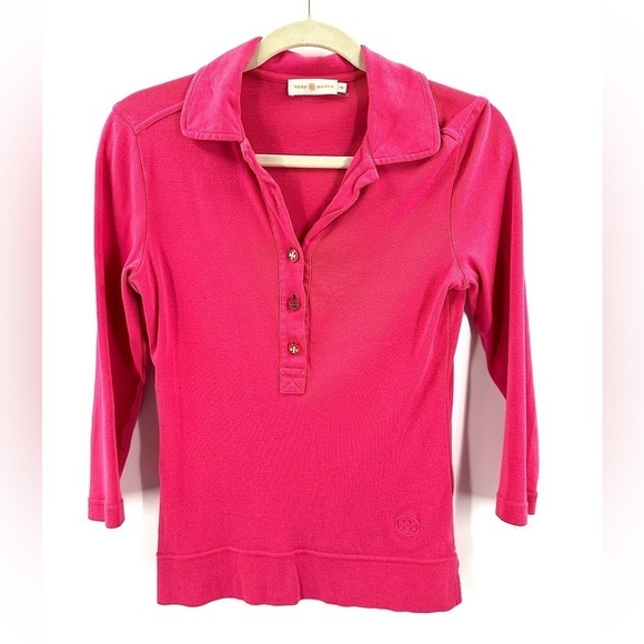 Tory Burch Womens Logo Button Top Size XS Pink Cotton Popover Polo Shirt Collar - Picture 1 of 10